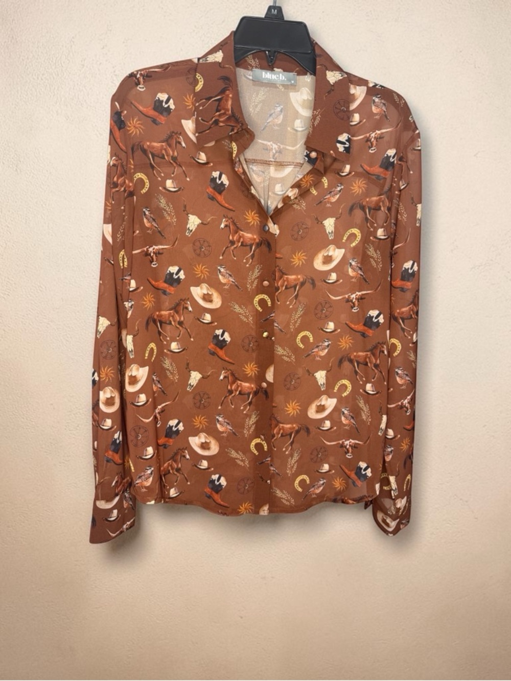 Brown Western-Print Button-Front Blouse